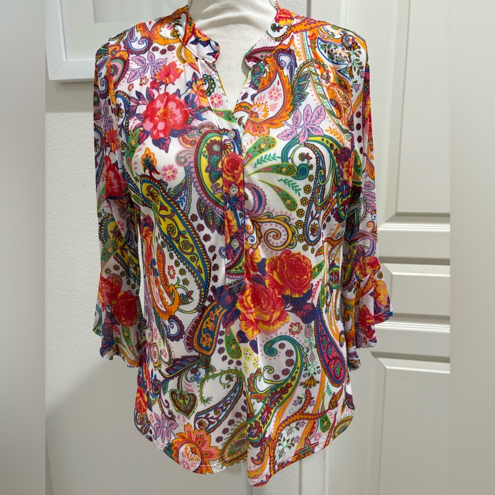 BOHO Paisley Floral Button-Front Blouse - White Multi